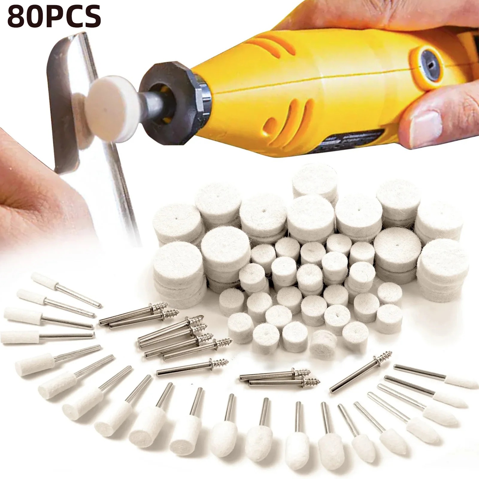 Jewelry Making Workshops - 80個入りウールフェルトバフ研磨ホイールキット、1/8インチシャンク回転工具研磨ホイール、金属、ジュエリー、木材、プラスチック、樹脂用