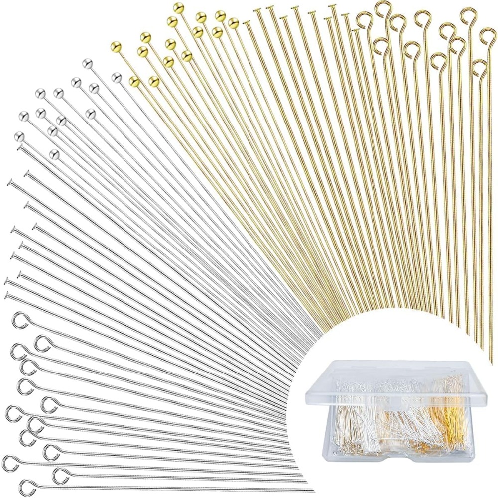 Jewelry Making Head Pins - 600個入り フラットヘッドアイビーズピン ジュエリー製作DIY用 ストレートヘッドピン 金色と銀色の金属製エンドヘッドピン クラフト用品用